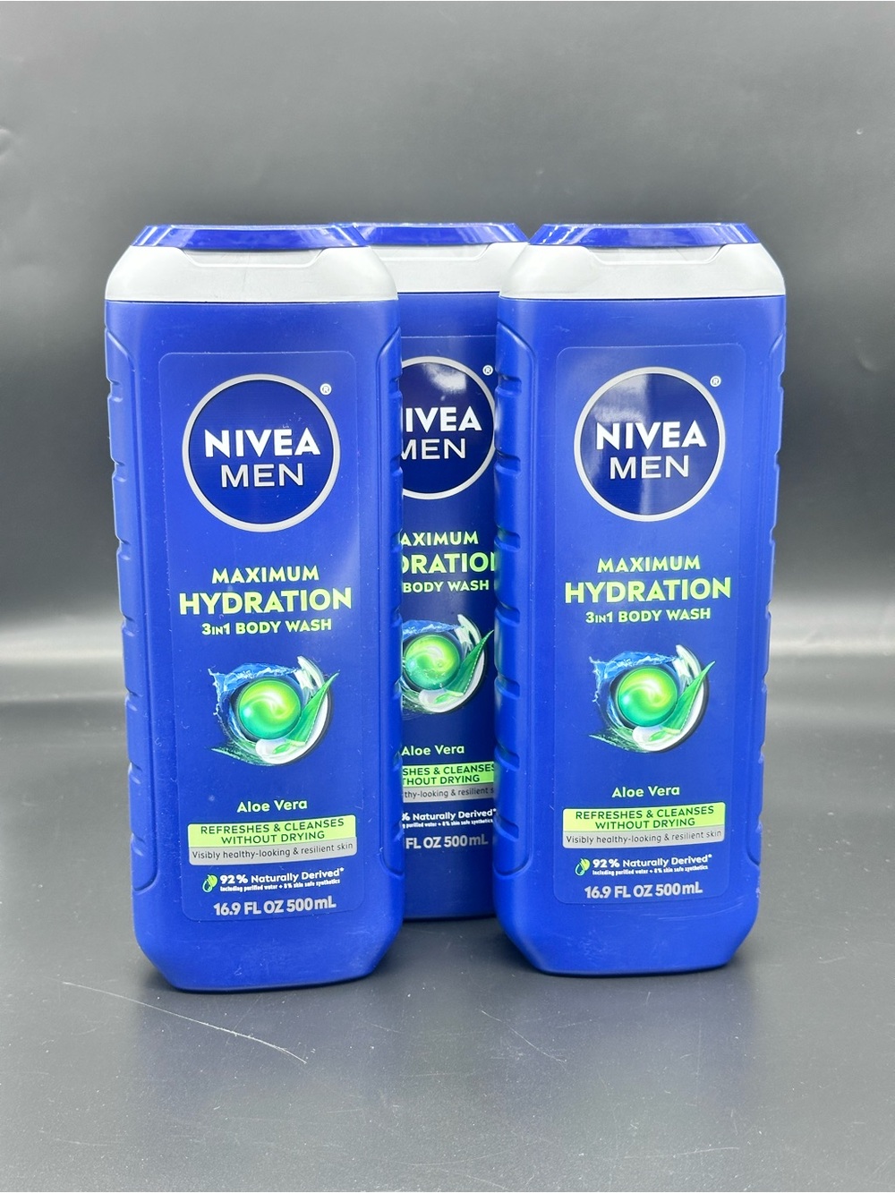 Nivea Men Maximum Hydration 3-in-1 Body Wash Aloe Vera 16.9 oz - Lot of 3